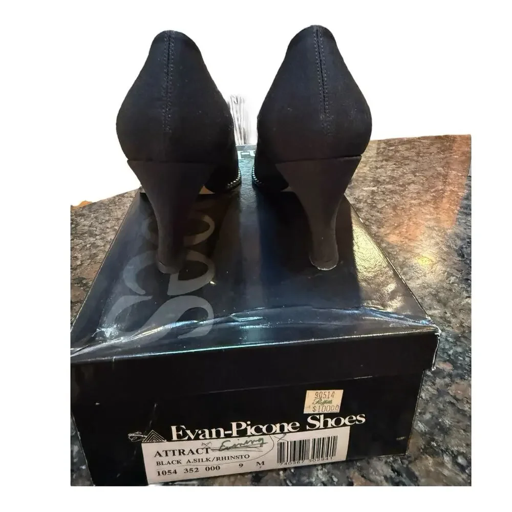 Evan Picone‎ Black Silk Pumps Classic with Rhinestone Detail Sz 9B EUC